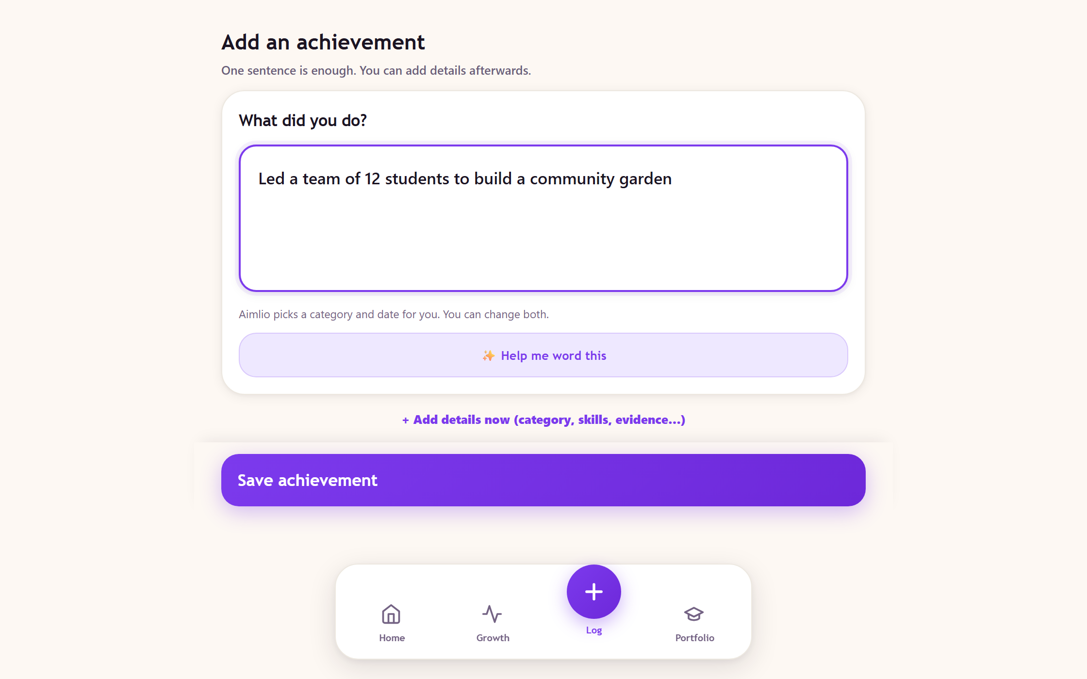 Adding an achievement in Aimlio: one sentence typed into a single field, with everything else optional.
