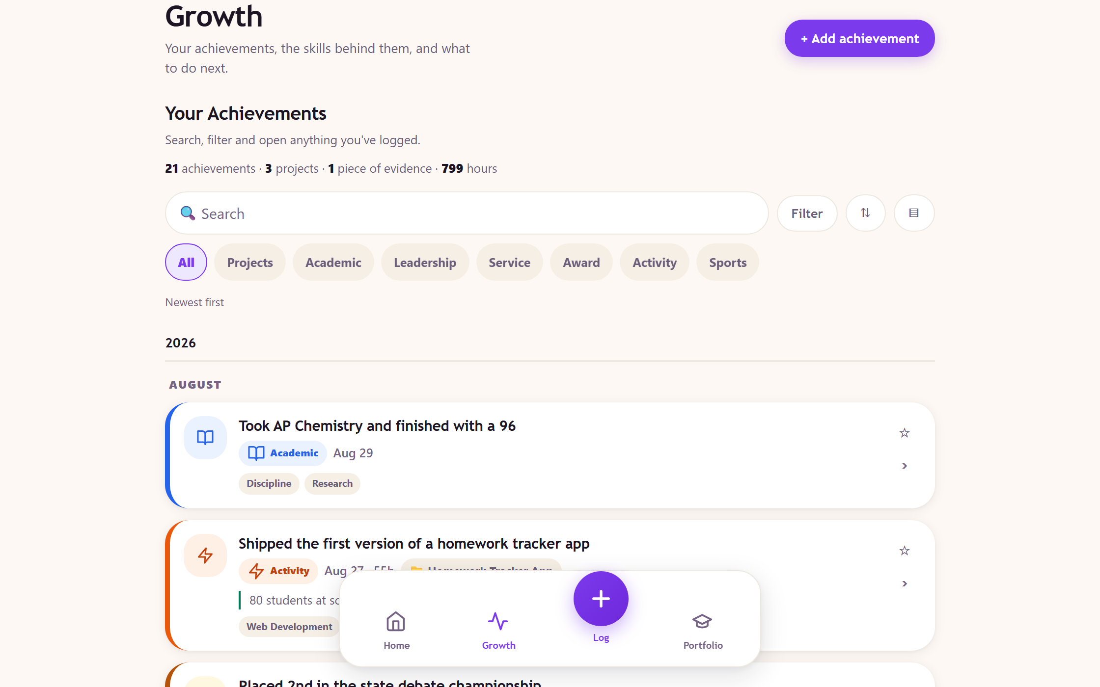 The Growth page in Aimlio: a year of achievements newest first, the skills behind them, and observations linked back to the entries they were counted from.